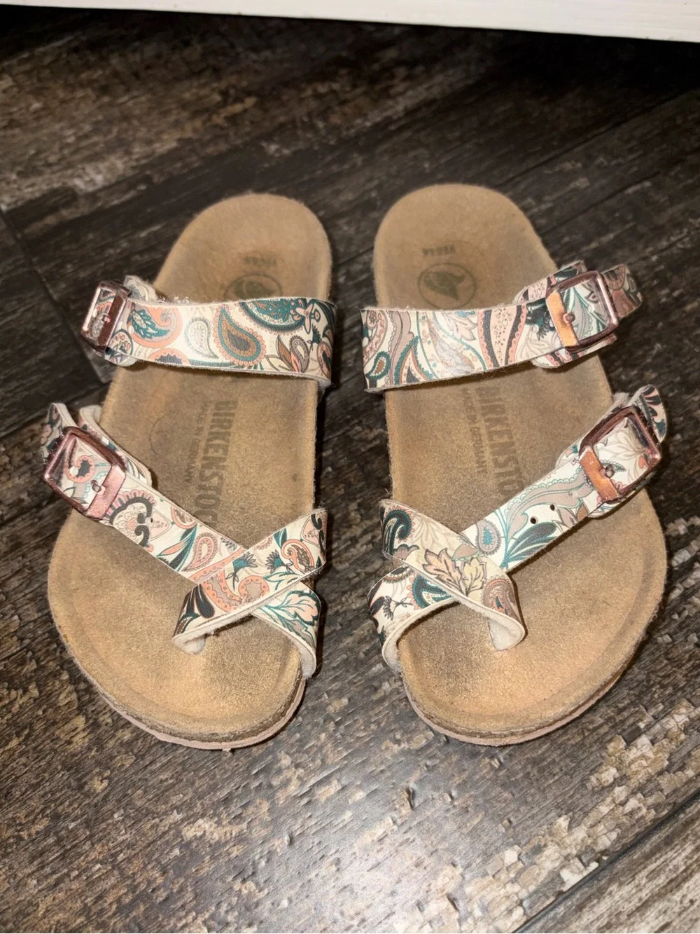 Birkenstocks Paisley Patterned Two-Strap Sandals in Cream, Teal & Peach sz 10.5